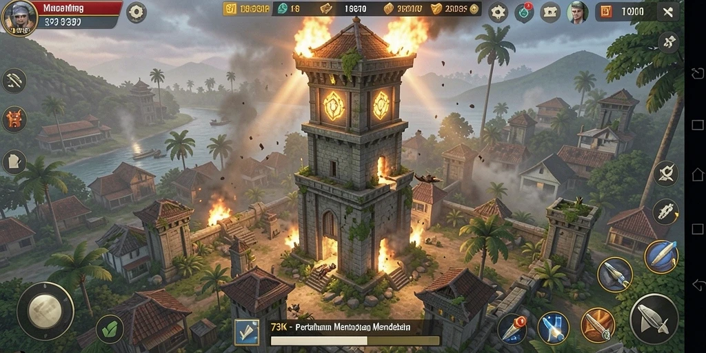 Tangkapan layar gameplay <strong>73K</strong> menunjukkan menara yang megah dan musuh yang mendekat.