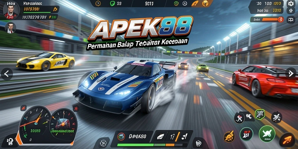 Gameplay APEK88 menampilkan mobil-mobil balap yang melaju kencang di trek.