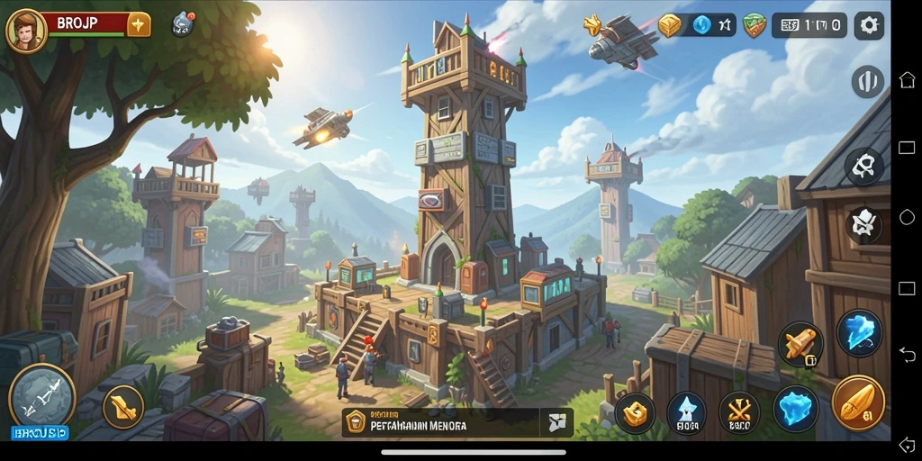 Screenshot gameplay BROJP menampilkan aksi menara pertahanan yang dinamis.