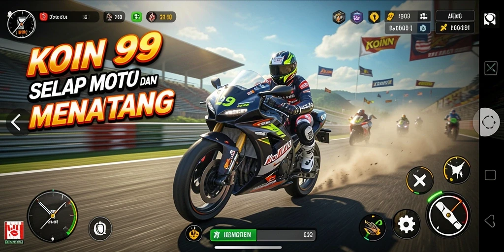 Screenshot gameplay KOIN99 yang menampilkan aksi balapan motor yang seru.