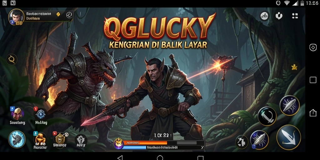 Screenshot gameplay QGLUCKY menampilkan suasana menyeramkan dan karakter horor.